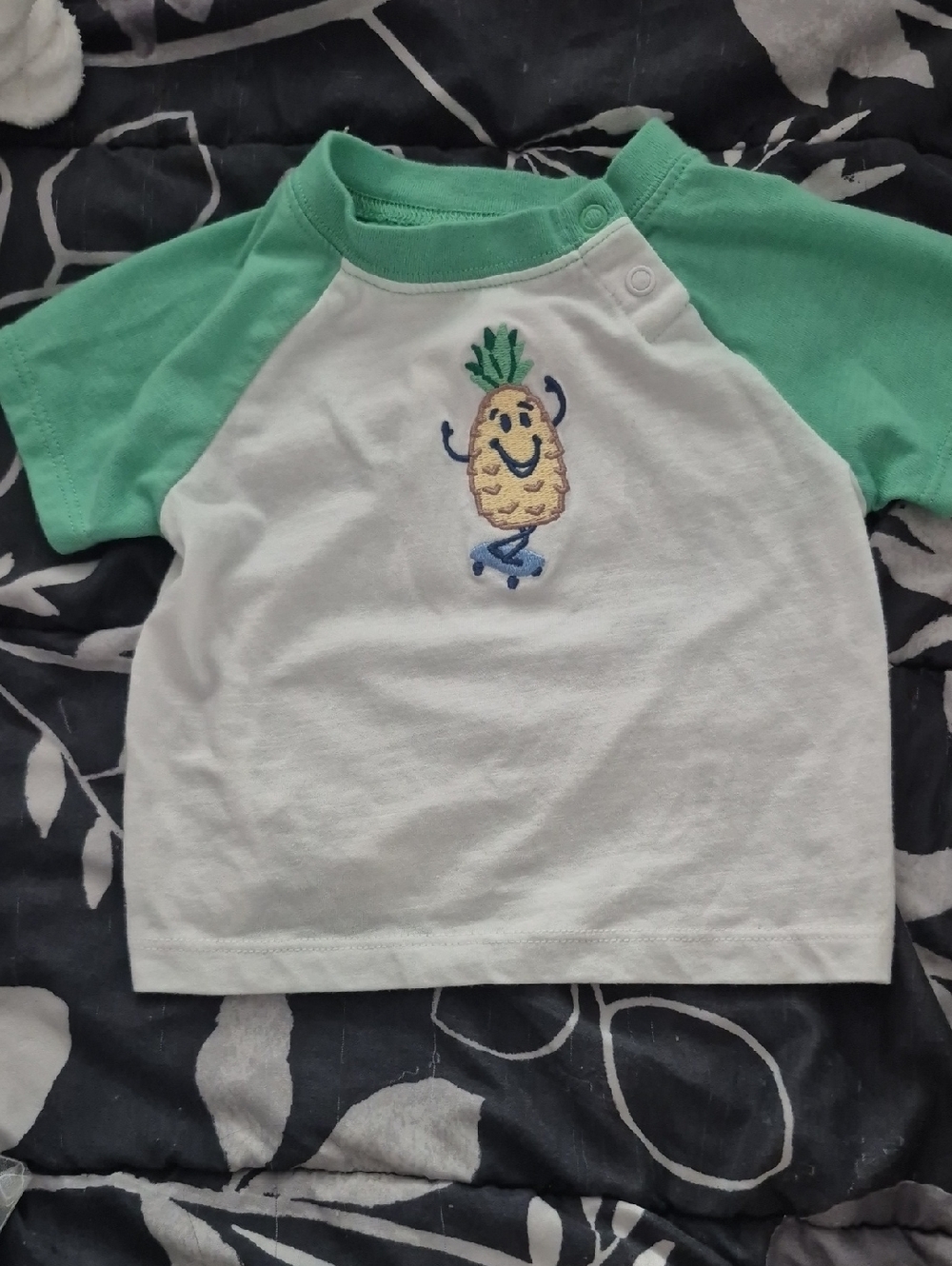 wonder nation White Tee with Green Raglan Sleeves and Pineapple Embroidery